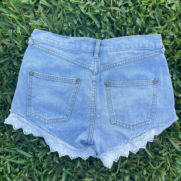 Free People light blue denim distressed lace trim high waist shorts - Picture 6 of 6